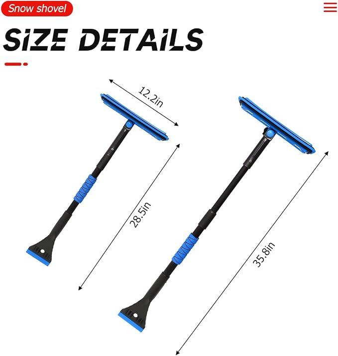 36" Car 3-in-1 Snow Brush, Detachable & Extendable Ice Scraper with Wide Foam Head & Ergonomic Grip, Lightweight Aluminum Snow Removal Tools Windshield & Paint Safe Shovel for Vehicle (Blue)