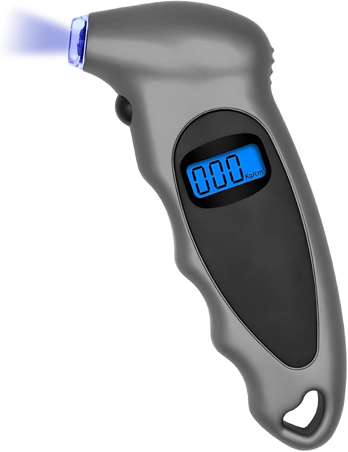 Digital Tire Pressure Gauge, 150PSI 4 Settings High Accuracy Tire Gauge with Backlit LCD and Non-Slip Grip, Easy to Read Air Pressure Gauge for Cars, Trucks and Bicycles (Gray)