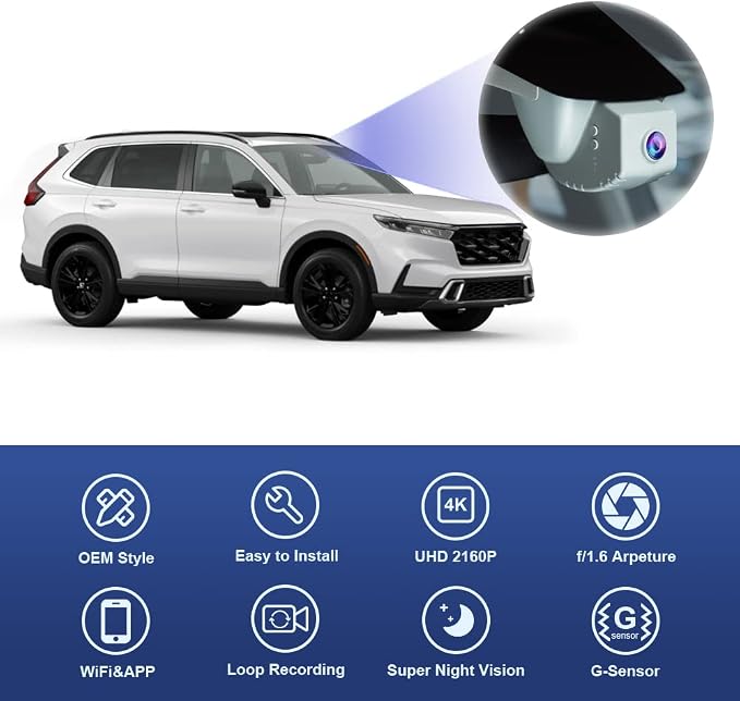 4K Dash Cam Suitable for Honda CR-V 2023-2026 (Black) LX EX EX-L Trail Sport Touring Hybrid, OEM Factory Look, UHD 2160P Video, WiFi & APP, Loop Recording, G-Sensor, Plug & Play, 64GB Card