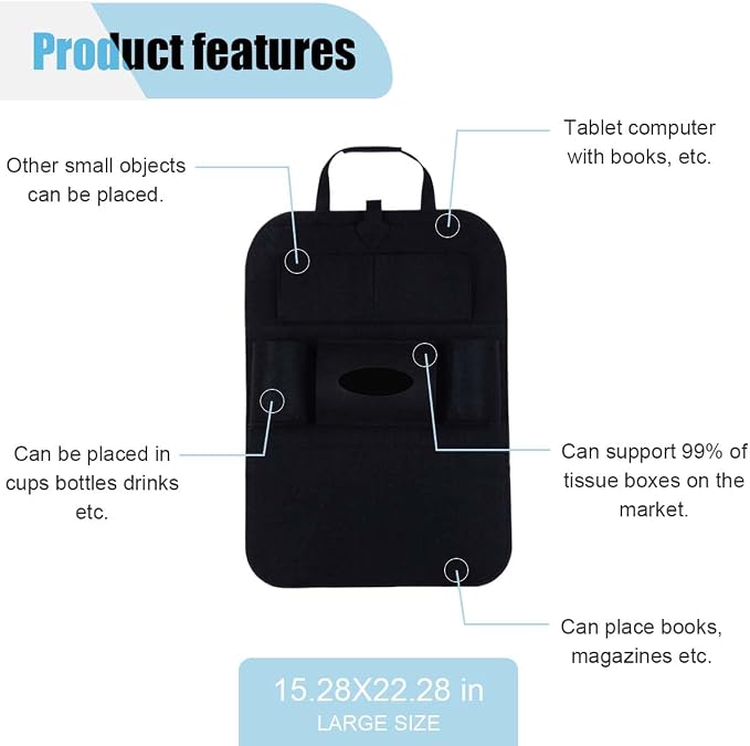 LAINLOY Felt Car Seat Back Organizer, Kick Mats Car Back Seat Protector for Kids, 6-Pocket Storage for Tissue, Box, Pen, Toy, Automobile Road Trip Accessories for SUV, RV, Truck (Black)