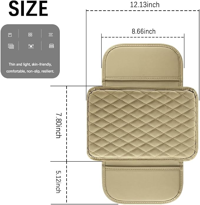 Arm Rest Cover for Car,Leather+Memory Foam Center Console Cover with Storage Bags,Universal Middle Console Cover Car Accessories Interior for Most Car Center Consoles (Beige)