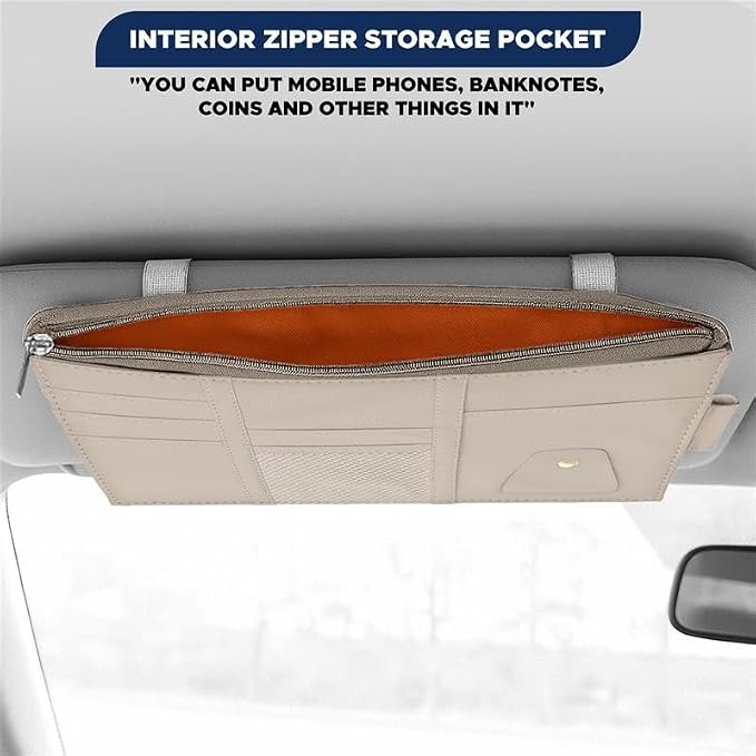 Car Sun Visor Organizer (Beige) | Multi-Pocket Net Zipper Case for Cash, Card, Pen & Sunglass | Visor Organizer Storage Pouch | Interior Accessories with Pocket for Car & Truck | Small