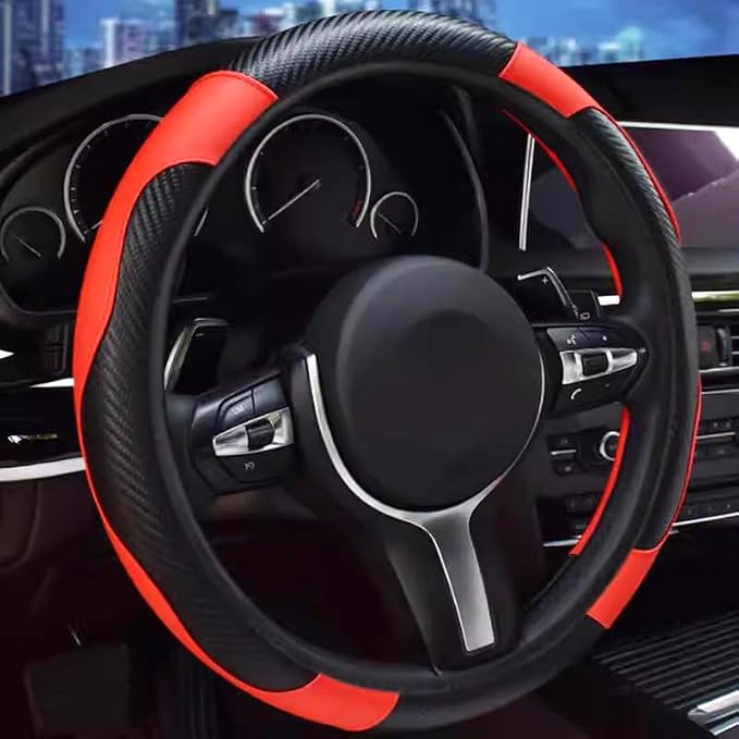 Ultra Fine Carbon Fiber Leather Steering Wheel Cover, Anti Slip and Sun Protective Protect The Steering Wheel, Easy to Install,Universal of 14.5"-15" (Red)