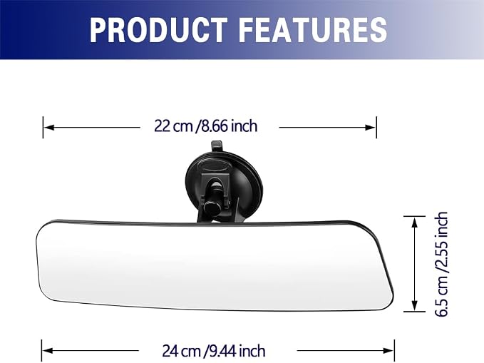 Auto Inside Rearview Mirror with Suction Cup, 12 inch HD Wide Angle Extended Curved Mirror, 360 Degrees Adjustable Wide Viewing Car Accessories Universal for Cars Trucks Boat