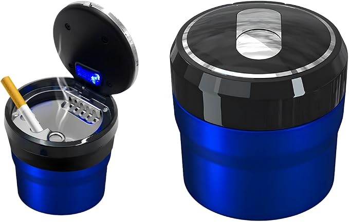 Car Ashtray with Lid, Easy Clean Up Detachable Smokeless Ashtray with LED Blue Light, Portable Mini Ash Tray Cup Holder for Car Home Office Travel, Interior Auto Accessories (Blue, Small)