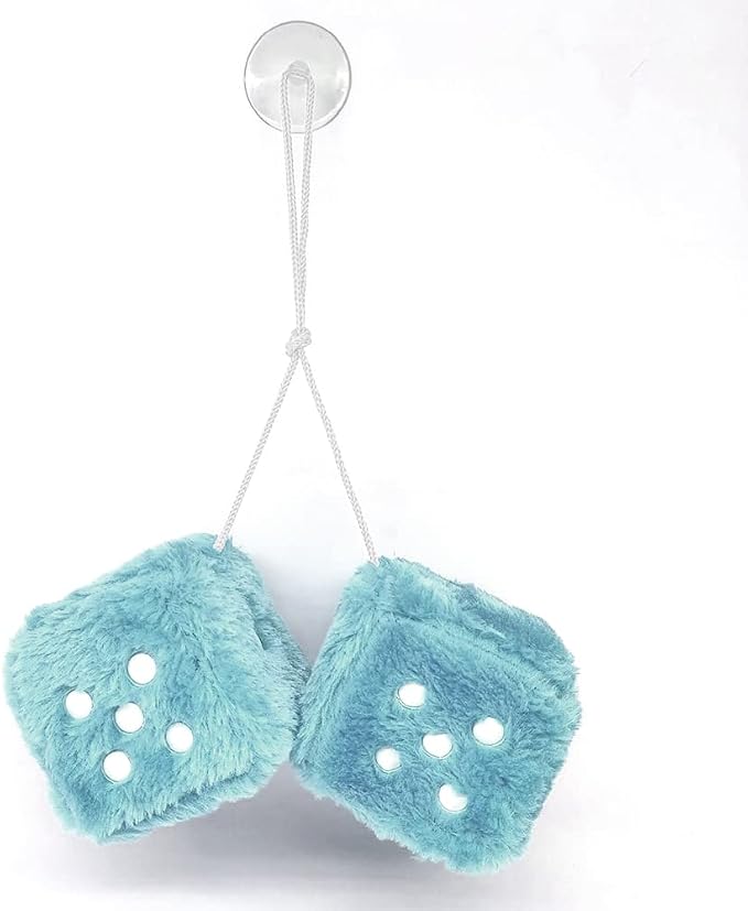 Fuzzy Plush Dice for Car Mirror, Pair of Retro 3” Light Blue Dice with White Dots for Car Interior Hanging Ornament Decoration (Blue)