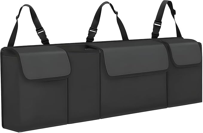 Car Trunk Organizer, Waterproof Backseat Hanging Large Storage with Adjustable Straps, Collapsible Cargo Bag with 4 Pockets, Sturdy Space Saver Frees Trunk Floor for SUV, Truck, MPV (Black)