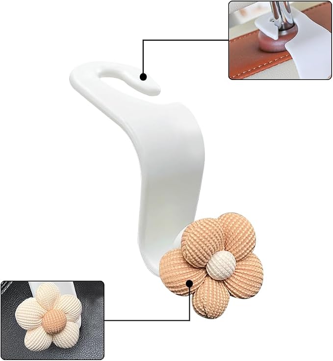 4PCS Car Headrest Hooks, Cute Flower Vehicle Seat Organizer Hooks for Purses and Bags, Portable Automotive Purse Hanger Holder Decoration, Universal for SUV, Sedan, Truck (Beige/White)