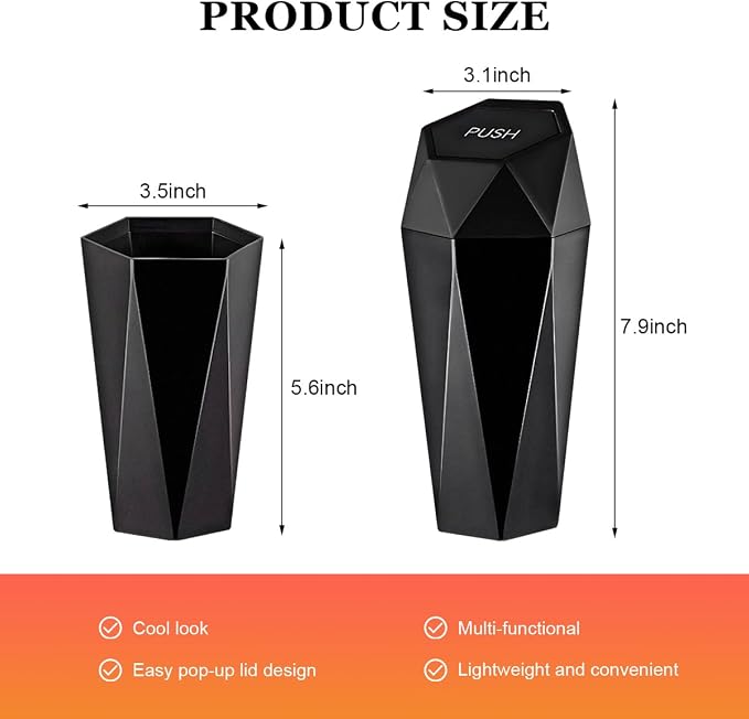 Car Trash Can with Lid, Diamond Design Leakproof Vehicle Cup Holder Garbage Can, Waterproof Trash Bin Mini Portable Garbage Organizer for Cars Homes Offices Bedrooms (Black)
