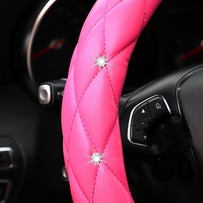Cute Diamond Soft Leather Anti-Slip Steering Wheel Cover with Bling Bling Crystal Rhinestones, Universal 15 Inch for Women Girls, Fit Vehicles, Sedans, SUVs, Vans, Trucks - Hot Pink