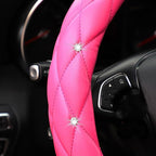 Cute Diamond Soft Leather Anti-Slip Steering Wheel Cover with Bling Bling Crystal Rhinestones, Universal 15 Inch for Women Girls, Fit Vehicles, Sedans, SUVs, Vans, Trucks - Hot Pink