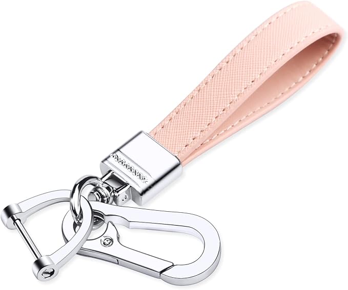 Genuine Leather Car Keychain,Universal Heavy Duty Metal Key Chain Accessories,Car Fob Key Keychain Holder with 360 Degree Rotatable Snap Swivel and Anti-Lost D-Ring for Men Women（Pink）