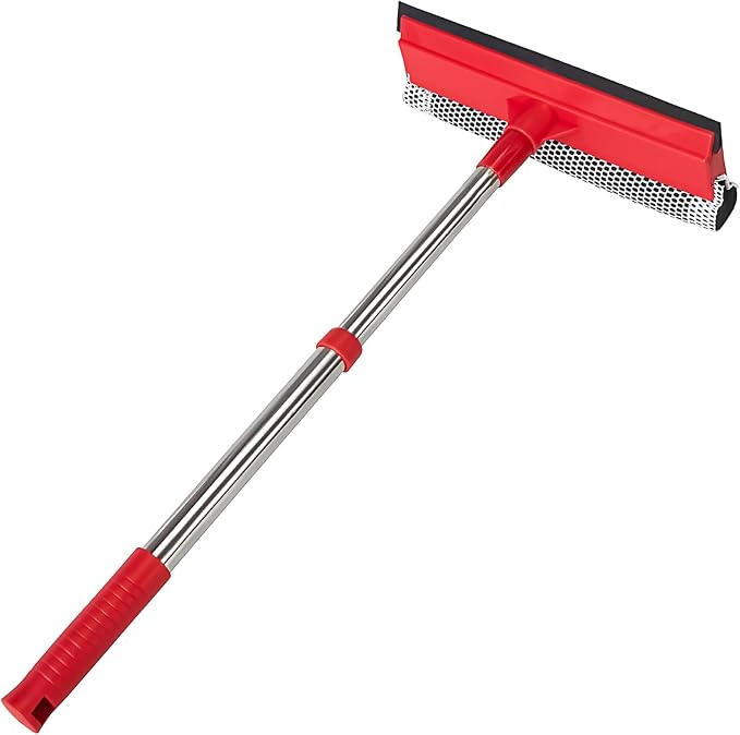 Window Squeegee with 15.7"-27.5" Retractable Stainless Steel Handle, 2-in-1 Windshield Cleaner Tool for Cars, Trucks, Glass Doors, Shower Glass, Outdoor Windows – Window Cleaner (Red)