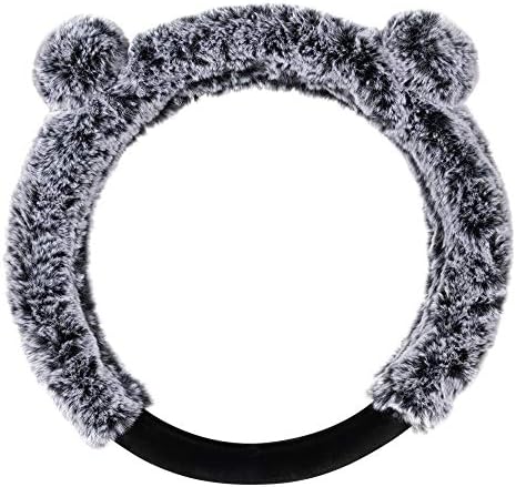 Bear Fur Plush Steering Wheel Cover - Cute Faux Wool Protector for Women Girls Fits Wheels 14.5-15 inch Gray - with Ears