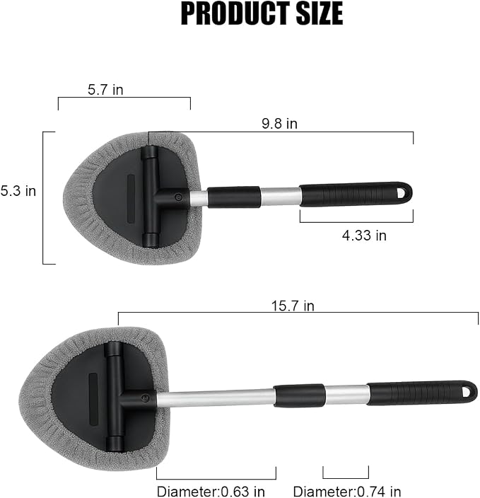Car Windshield Cleaner Tool, Extendable Handle Triangle Vehicle Window Cleaner with 3 Washable and Reusable Microfiber Pads, Auto Windscreen Cleaning Tool, Universal Fit