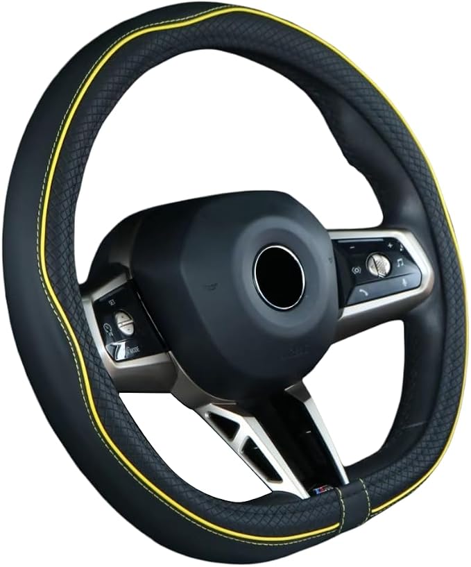 Flat Bottom Steering Wheel Cover Anti-Slip,Safety,Soft,Breathable,Durable,Full Surround,Comfortable Grip Microfiber Leather (D Shape, Black Yellow)