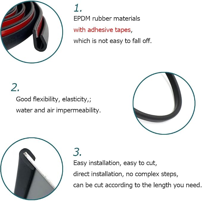 Rubber Edge Trim Black, U Channel Rubber Seal Strip with Self-Adhesive Tape, Fit for 0.15" Edge, 25Ft