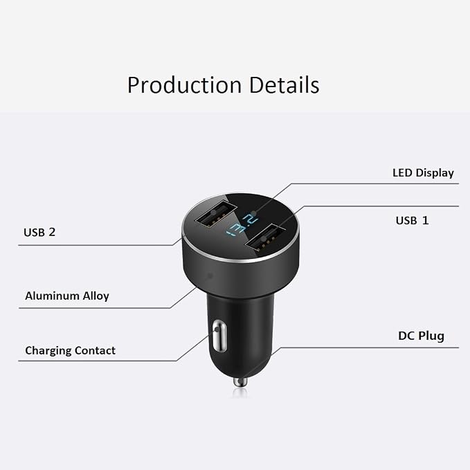2 USB Car Charger,12V/24V Voltage Meter, Black | Cigarette Lighter USB Adapter with LED Voltage Meter, 12V/24V Car Charger compatible for iPhone, Samsung, iPad, GPS, Dash Cam