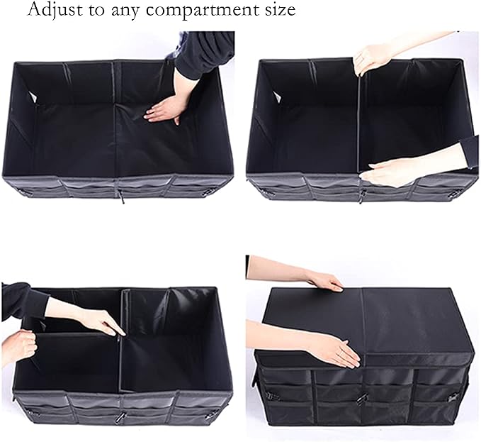 Car Trunk Organizer - Collapsible Trunk Organizer & Lid Foldable Cover Aluminium Alloy Handle Reflective Strip for Auto, SUV, Truck, Minivan (L Black)
