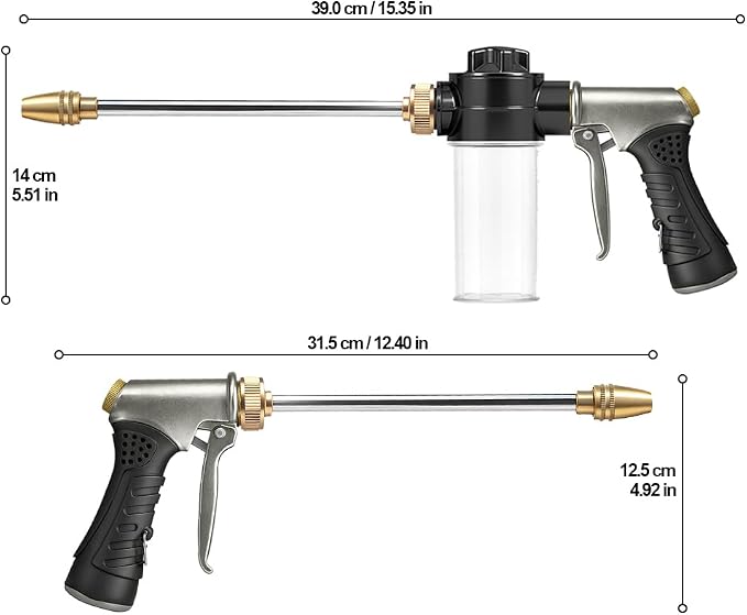 High-Pressure Hose Nozzle Gun with 100cc Soap Dispenser, Metal Car Wash Sprayer for Car Cleaning, Solar Panel/Wall/Window Washing & Garden Watering (Foam Gun B)