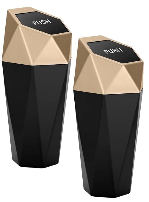 2 Pack Car Trash Can with Lid, Cup Holder Garbage Can for Car, Garbage Bin Cars Accessories for Interior, Leakproof Small Trash Bin, Mini Trash Can for Cars, Home, Bedroom, Office (Golden)