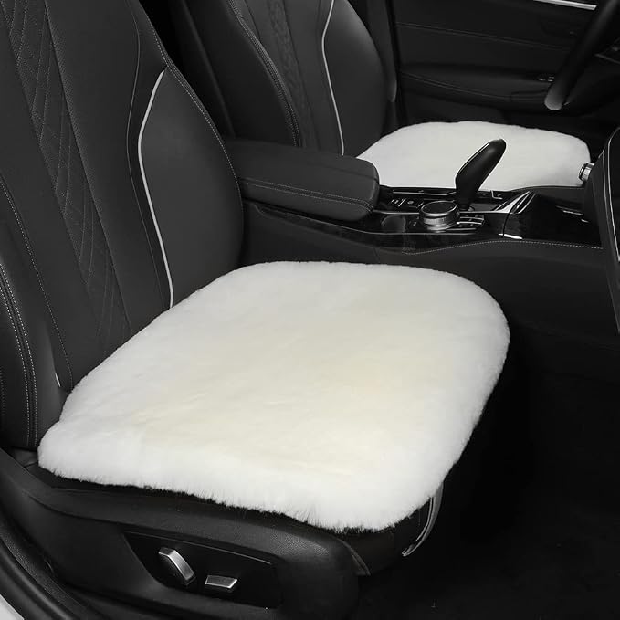 Genuine Sheepskin Auto Seat Pad, Soft Wool Seat Cover Breathable and Sweat-Wicking Universal Fit,19.2 inch x19.2 inch (Front seat Cushion 2pcs & Rear seat Cushion 1pc, Ivory White)