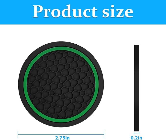 Mandark 2PCS Car Cup Holder Coasters, 2.75 Inch Non-Slip Insert Water Bottle Holder Pads, Dustproof Automotive Interior Accessories Mat, Universal for Vehicles, Trucks, RVs and More(Black/Green)