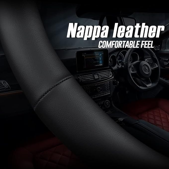 Nappa Premium Leather car Steering Wheel Cover, Non-Slip, Breathable, Universal 15 inches (red Blue line)
