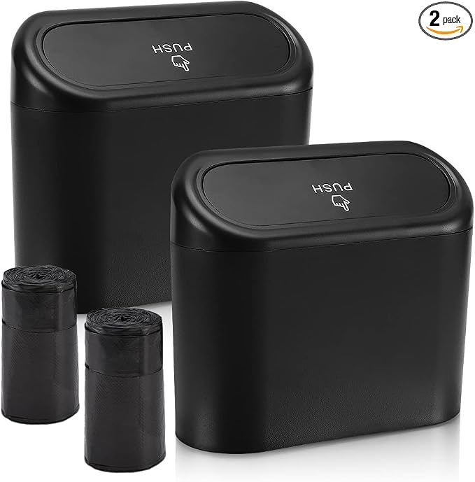Car Trash Can with Lid, Mini Auto Dustbin Garbage Organizer Holder 2 Packs, Automotive Storage Container Bin with 60 Pcs Bags for Vehicle, Home, Office