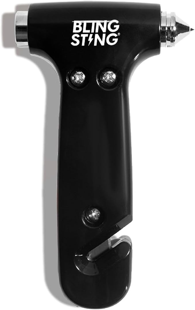 Safety Hammer - Emergency Automotive Escape Tool with Window Breaker, Seat Belt Cutter & Adjustable Car Visor Strap - Tempered Glass Breaker - Steel Blade - Black (1 Count)