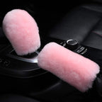 3Pcs/Set Pure Wool Fur Furry Steering Wheel Cover, Soft Fluffy Handbrake Cover Gear Shift Cover for Women Car SUV Truck Australia Sheepskin Accessories, Pink