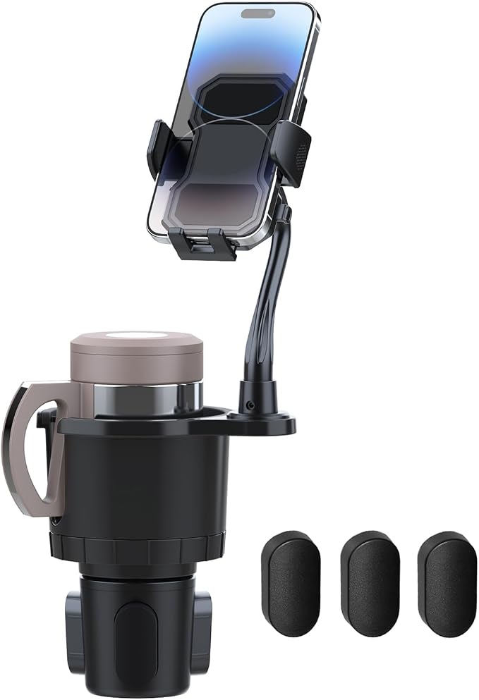 Car Cup Holder Expander with Phone Holder | 2 in 1 Car Phone Mount & Cup Holder, Adjustable 360° Rotation Gooseneck, U-shaped Handle Slot, Fits Phone and Drinking Bottle
