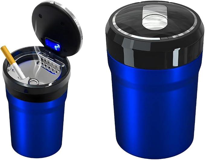 Car Ashtray with Lid, Easy Clean Up Detachable Smokeless Ashtray with LED Blue Light, Portable Mini Ash Tray Cup Holder for Car Home Office Travel, Interior Auto Accessories (Blue, Larger)