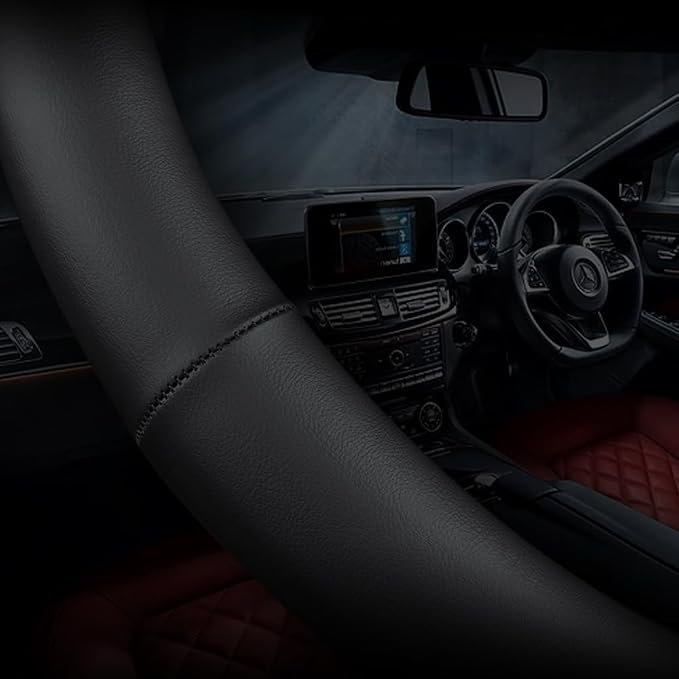 Leather car Steering Wheel Cover, Ultra-Thin, Comfortable, Non-Slip, Breathable, Universal 15 inches (Black)