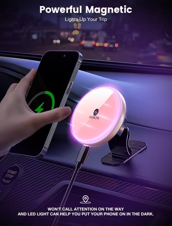 for Magnetic Car Mount Charger-15W Wireless Car Charger-Magnetic Car Phone Holder for Dash Air Vent-LED RGB HandsFree Car Mount Fast Car Charger for iPhone 16 15/14/13/12 Pink