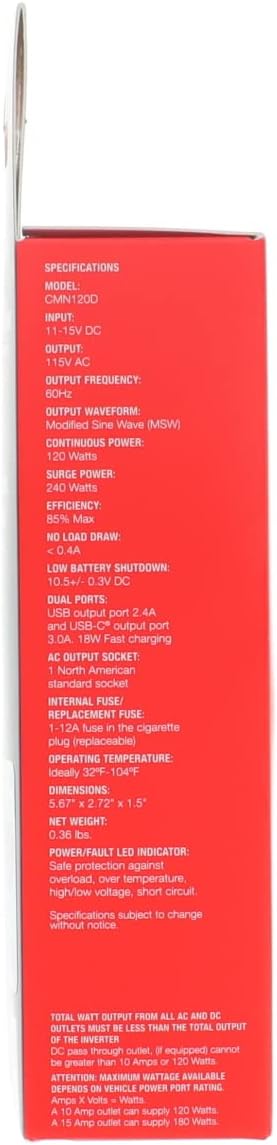 Cummins 120 Watt Inverter 12v Socket DC to AC Inverter Direct Plug Converter CMN120D