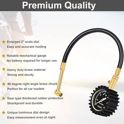 Motorcycle Tire Pressure Gauge 60 PSI, 2’’ dial Mechanical Tire Gauges with 90 Degree Right Angle Chuck Flexible Hose, Tires Guages for Pressure Glow in The Dark for Cars, Motos, Bicycles