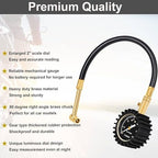 Motorcycle Tire Pressure Gauge 60 PSI, 2’’ dial Mechanical Tire Gauges with 90 Degree Right Angle Chuck Flexible Hose, Tires Guages for Pressure Glow in The Dark for Cars, Motos, Bicycles