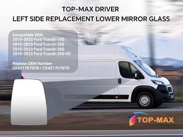 Passenger Right Side Upper Mirror Glass Replacement for Ford Transit 150 250 350 MK8 2014-2023 with Heated and 2 Metal Clips