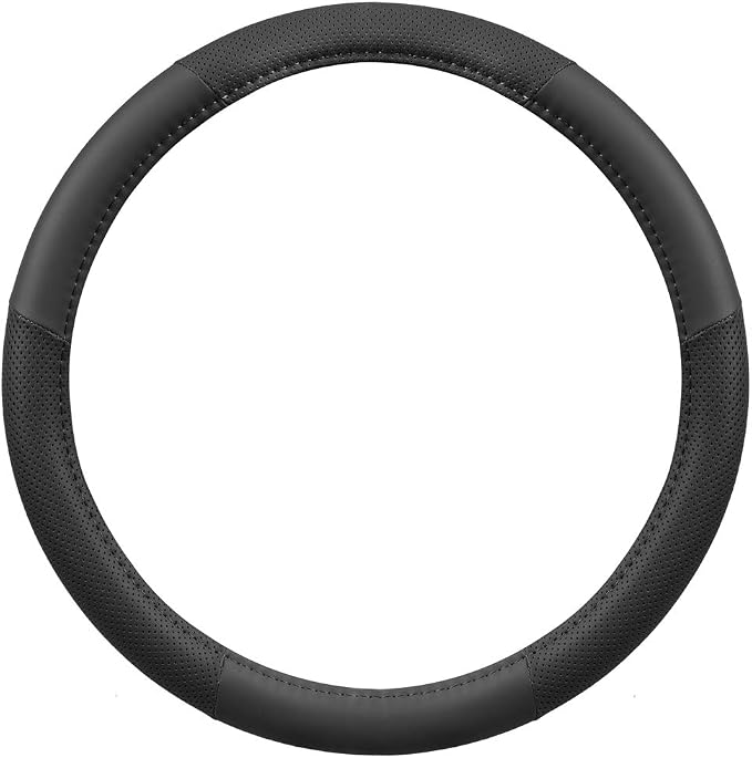 Perforated Microfiber Leather Steering Wheel Cover for Cars Trucks SUVs Vans, Sporty Racing Improved Grip Anti-Fatigue Ergonomic Design, Airbag Compatible - Fits Standard 15" Inch - Black