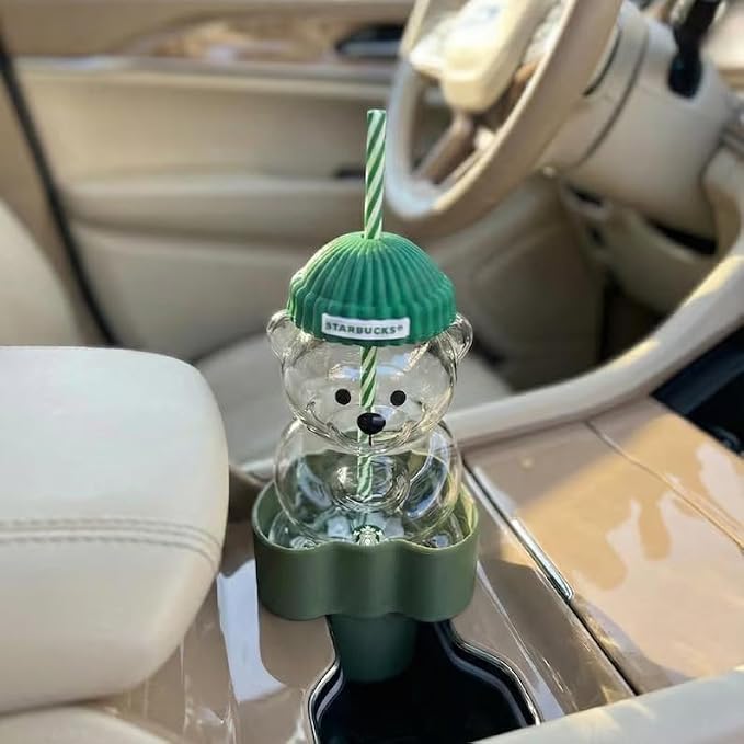 | Starbucks Bear Cup Holder for Car | Universal Car Drink Holder Expander | Transparent Bear | Coffee Cup Travel Mug Water Bottle (Green)