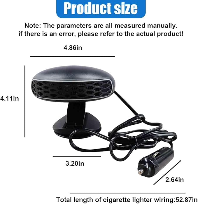12V 150W Car Heater, Portable 2-in-1 Car Dashboard Defroster with Cigarette Lighter Plug, 360° Rotary Vehicle Fast Heating Fan, Self-Adhesive Windshield Defogger for Most Cars(Black)