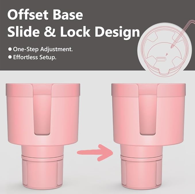 Car Cup Holder Expander with Offset Adjustable Base, Compatible with Hydro Flasks 32/40 Ounce, Compatible with Yeti Ramblers 20/26/30 Ounce, Other Bottles in 3.4"-3.8" (Pink)