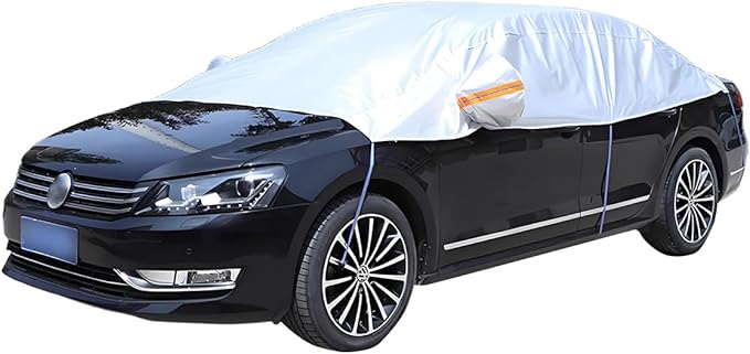 Half Car Cover for Sedan, Waterproof & Dustproof & Snowproof Automotive Windshield Covers, All-Weather Auto Sun Protection with Reflective Straps, 141.7" Vehicle Sunroof Cover (Notchback)
