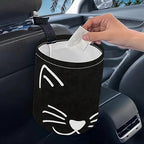 Portable Reusable Waterproof Car Trash Bin, Multipurpose Vehicle Organizer, Road Trip Essentials, Polyester Canvas Material (Black Cat)