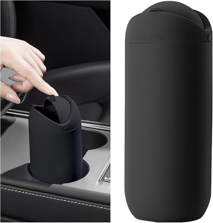 Car Trash Can with Lid, Silicone Leakproof Mini Round Vehicle Garbage Bin for Cup Holder, Portable Automotive Interior Waste Storage & Organizers Accessories, Universal Fit (Black)