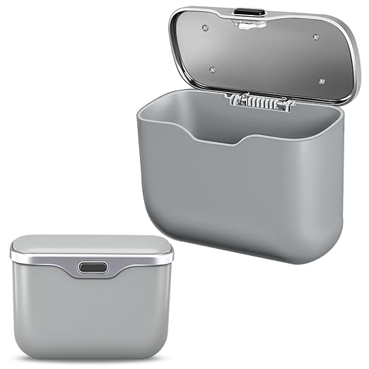 Car Trash Can with Lid - 2-in-1 Leather Top Car Garbage Can & Storage Box | Leakproof, Waterproof Hanging Auto Trash Bin for Back of Seat, Door, SUVs, Trucks, Sedans Grey