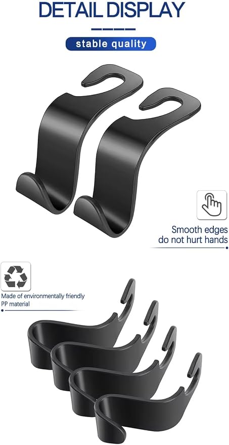 Car Purse Hook, 4 Pack Sturdy Headrest Hooks - Heavy Duty Purse Hanger for Handbags, Grocery Bags, Coats, Universal Fit for All Cars, SUVs, Minivans (Black)