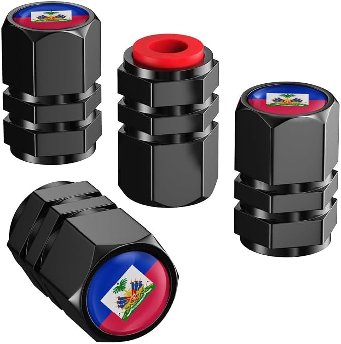 Haiti Flag Tire Valve Stem Caps and Genuine Leather Car Keychain Keyring Compatible with Haiti Flag Accessories