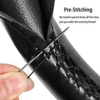 Genuine Leather Steering Wheel Cover, Stitch On Wrap, 15 Inch Steering Wheel Wrap for Car Truck SUV Pickup Boat, DIY Sewing with Needle Thread, Black